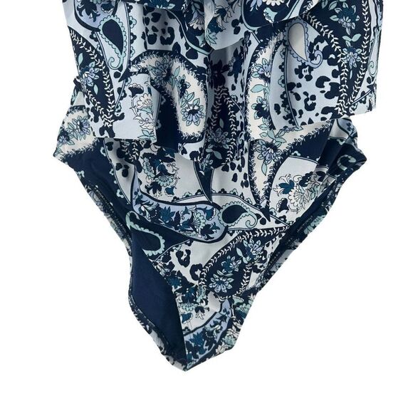 Ellen Tracy Swimsuit Size 10 One Piece Navy Blue Paisley Double Ruffle Swim NEW - Picture 5 of 8